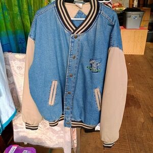 Disney Tigger Blue Denim Varsity Jacket with Tan Sleeves